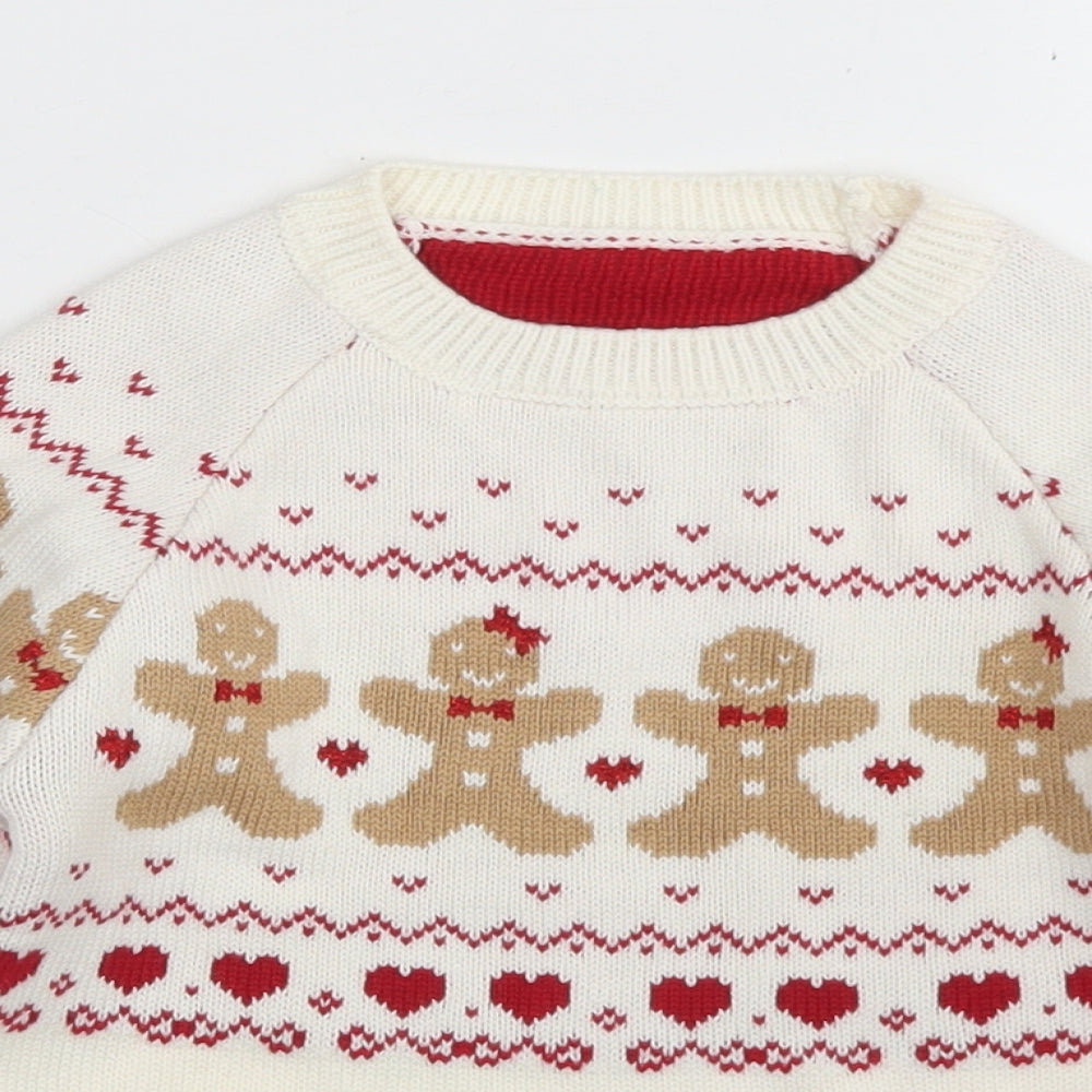 George Girls White Crew Neck Fair Isle Cotton Pullover Jumper Size 3-4 Years   - Gingerbread Christmas