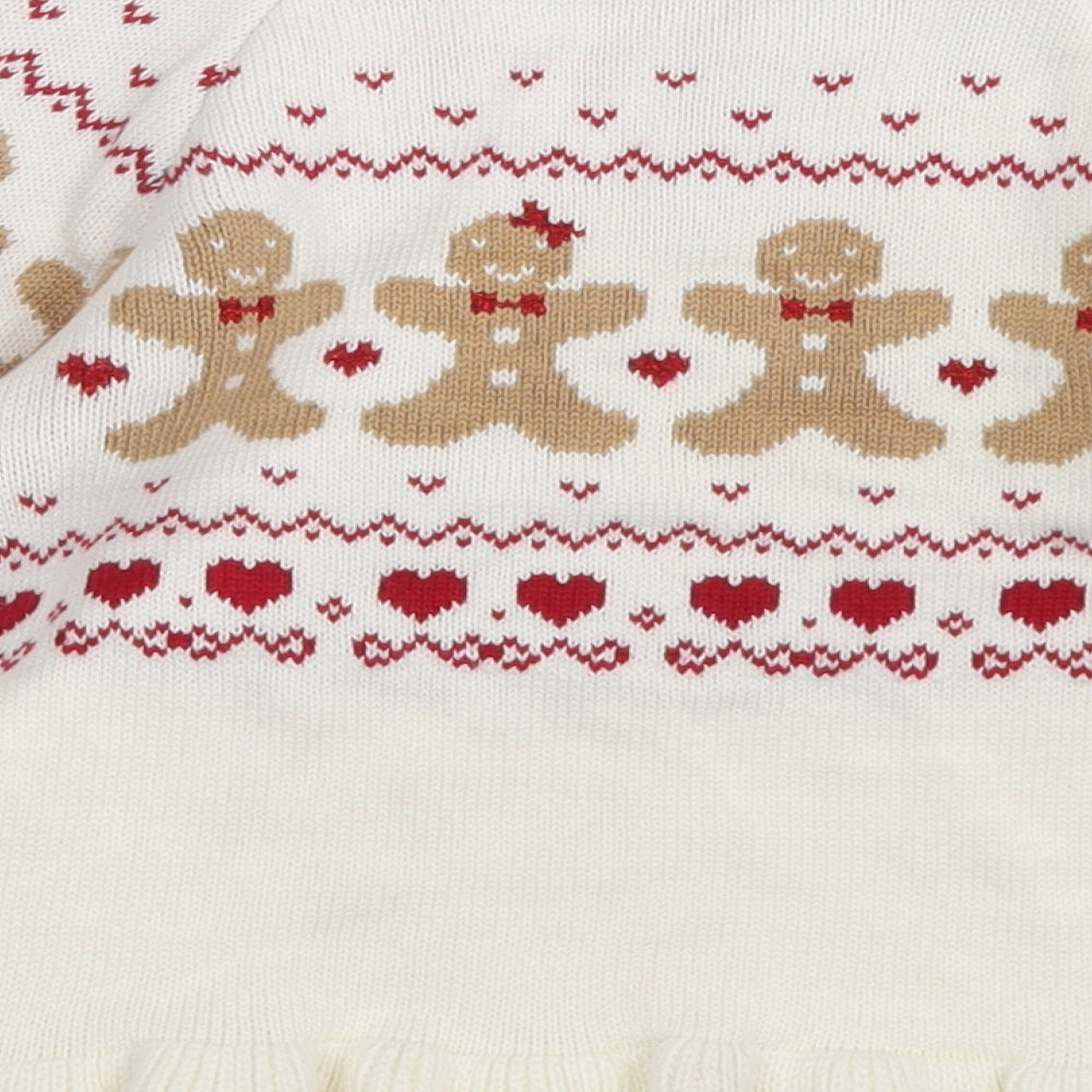George Girls White Crew Neck Fair Isle Cotton Pullover Jumper Size 3-4 Years   - Gingerbread Christmas