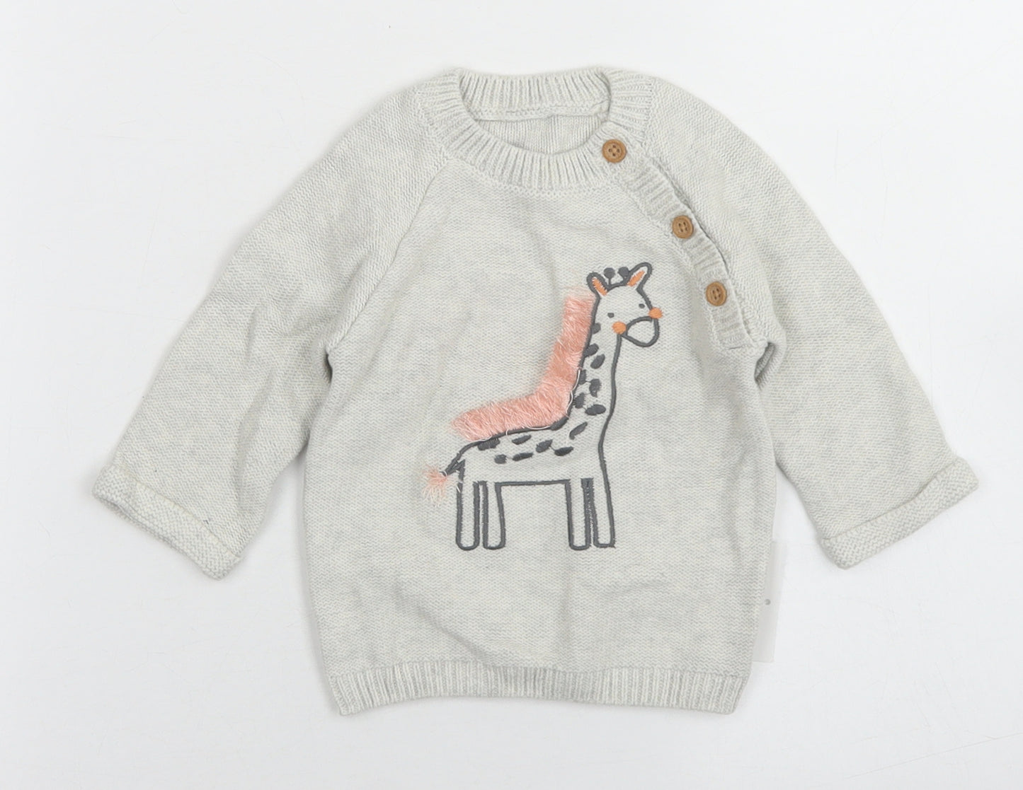 George Girls Grey  Cotton Pullover Jumper Size 0-3 Months  Button - Giraffe