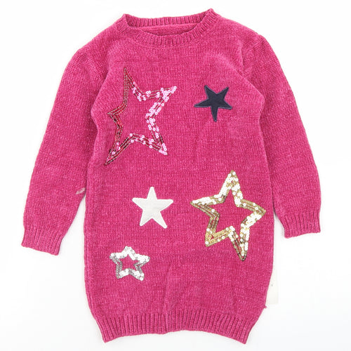 George Girls Pink  Polyester Jumper Dress  Size 3-4 Years  Crew Neck  - Star print, Chenille
