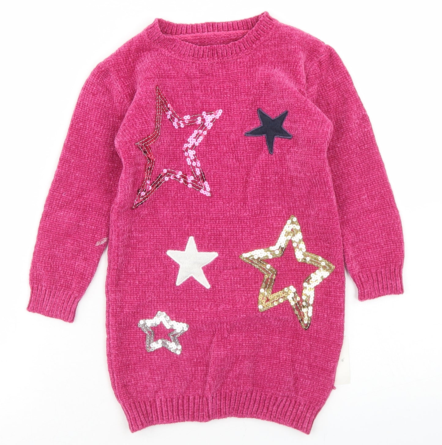 George Girls Pink  Polyester Jumper Dress  Size 3-4 Years  Crew Neck  - Star print, Chenille