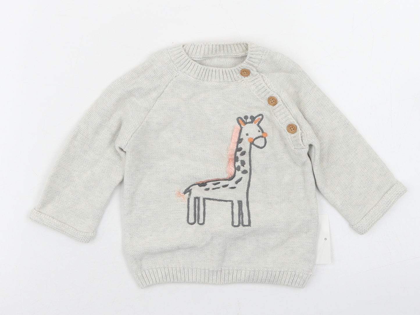 George Girls Grey  Cotton Pullover Jumper Size 0-3 Months  Button - Giraffe