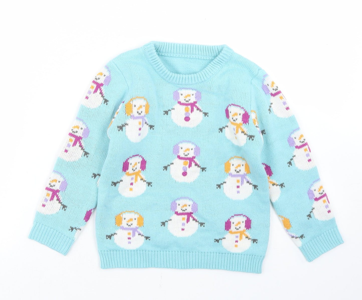 George Girls Blue Crew Neck Geometric Acrylic Pullover Jumper Size 3-4 Years   - Snowman Print
