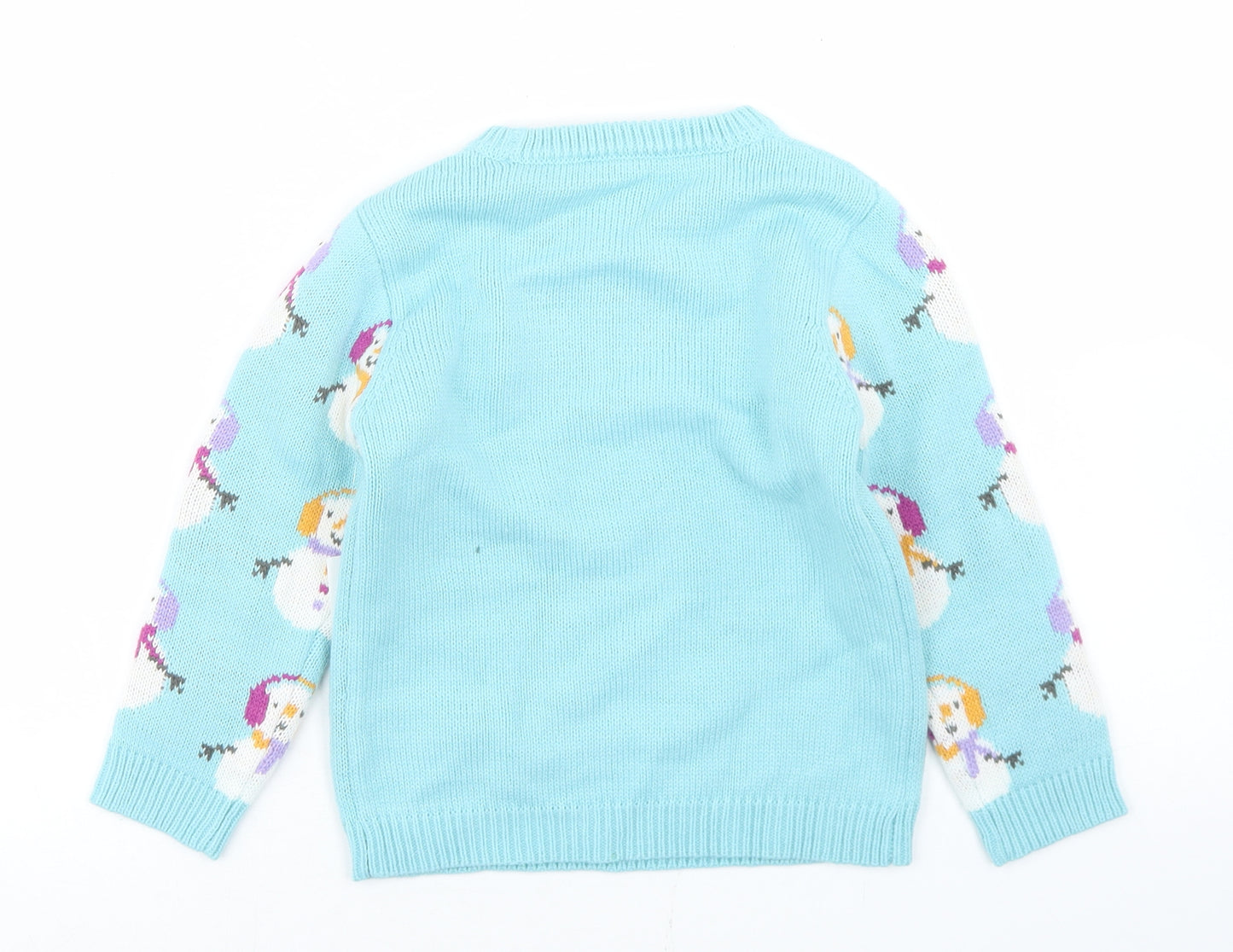 George Girls Blue Crew Neck Geometric Acrylic Pullover Jumper Size 3-4 Years   - Snowman Print