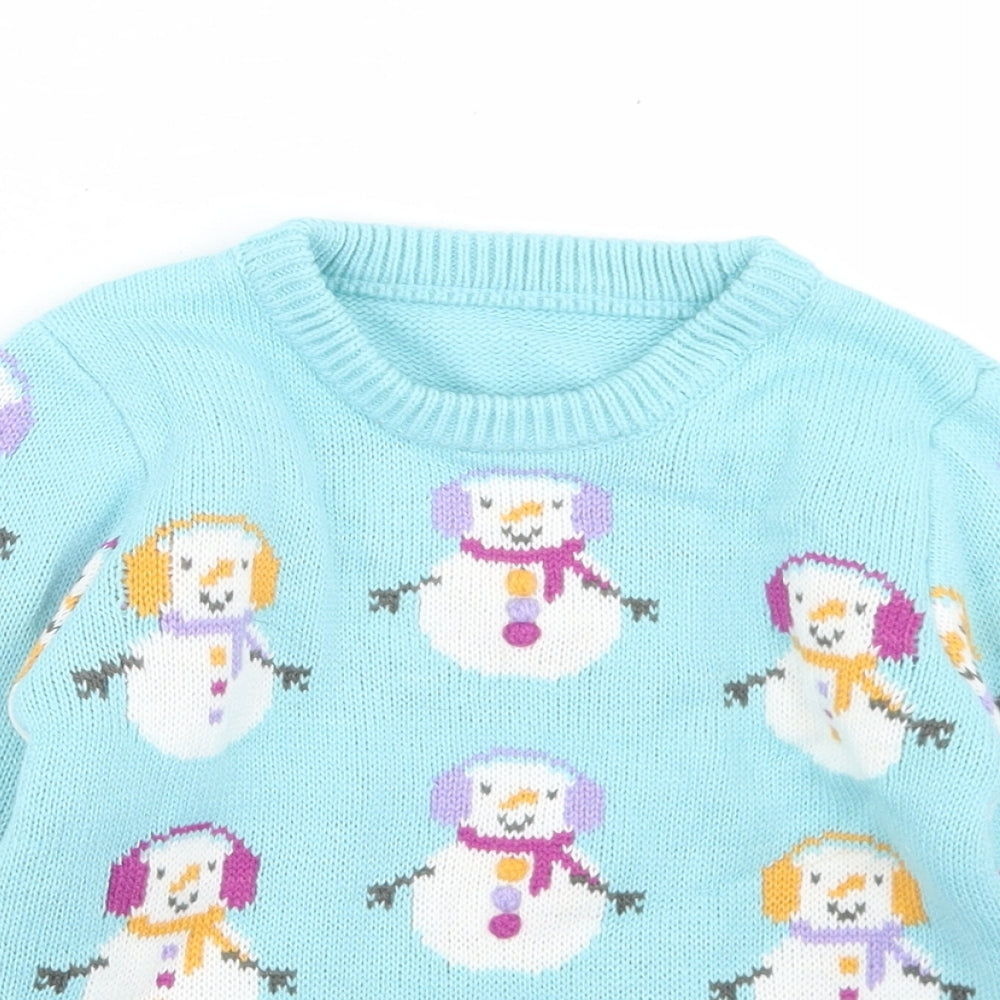George Girls Blue Crew Neck Geometric Acrylic Pullover Jumper Size 3-4 Years   - Snowman Print