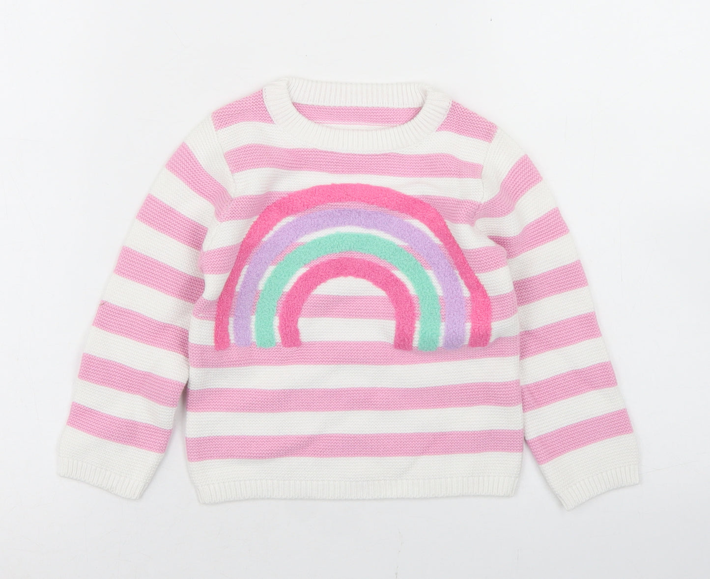 Dunnes Stores Girls Pink Striped Cotton Pullover Jumper Size 18-24 Months   - Rainbow