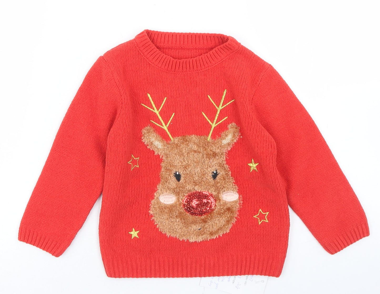 George Boys Red  Polyester Pullover Jumper Size 18-24 Months   - Christmas Reindeer, Chenille