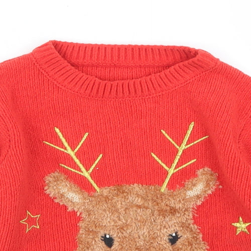 George Boys Red  Polyester Pullover Jumper Size 18-24 Months   - Christmas Reindeer, Chenille