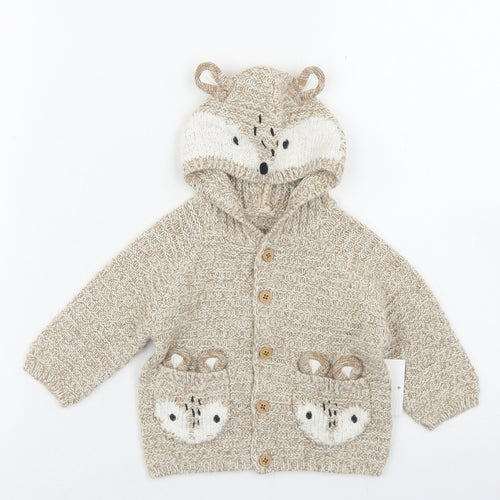 George Girls Beige  Acrylic Cardigan Jumper Size 0-3 Months  Button - Deer Pockets