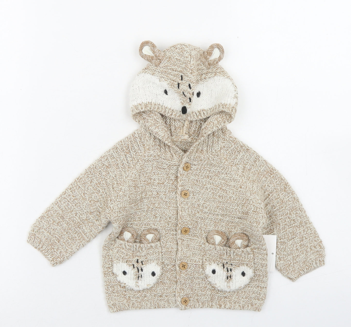 George Girls Beige  Acrylic Cardigan Jumper Size 0-3 Months  Button - Deer Pockets