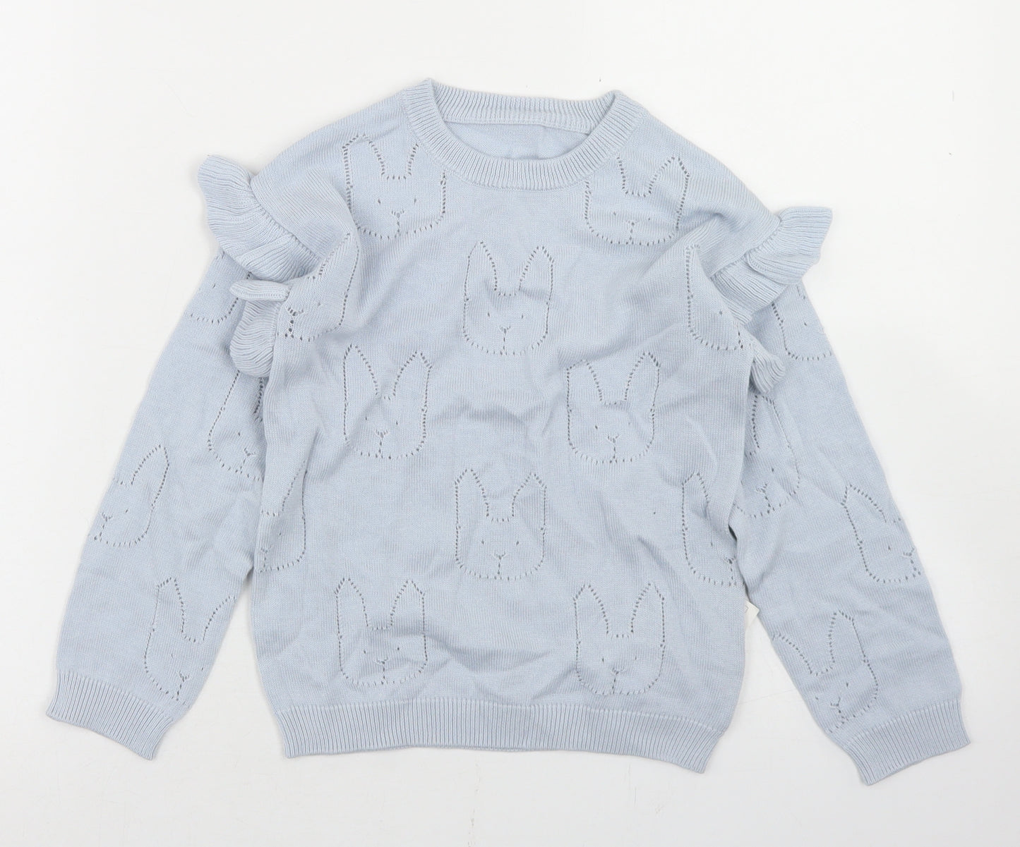 Nutmeg Girls Blue Crew Neck Geometric Cotton Pullover Jumper Size 5-6 Years   - rabbit