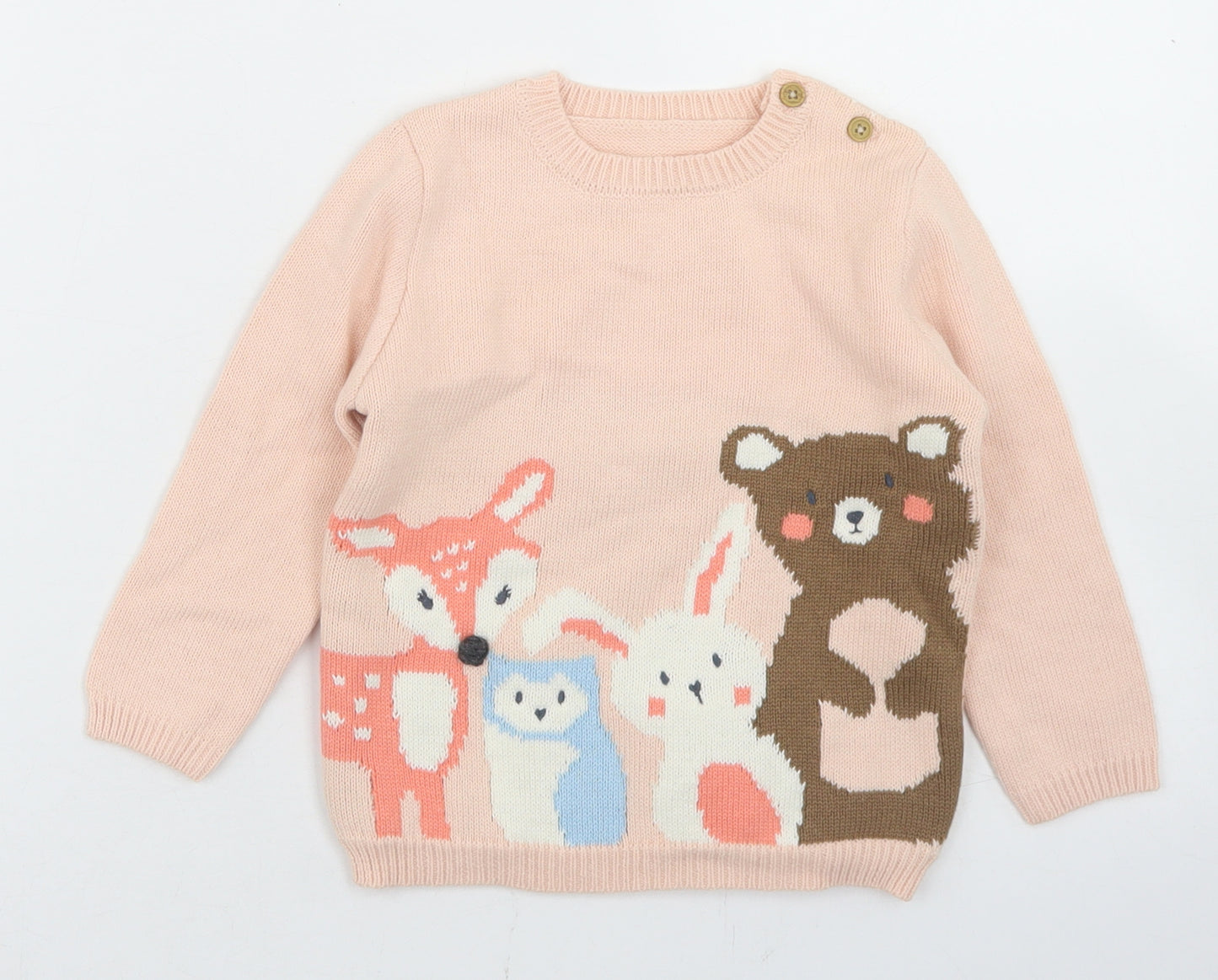 Dunnes Girls Pink  Cotton Pullover Jumper Size 18-24 Months  Button - Woodland Creatures