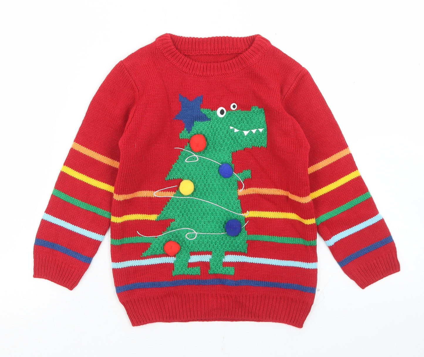 Nutmeg Boys Red Crew Neck Striped Acrylic Pullover Jumper Size 3-4 Years   - Dinosaur Christmas Tree