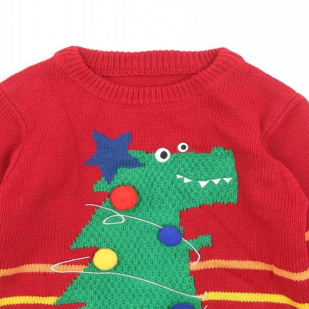 Nutmeg Boys Red Crew Neck Striped Acrylic Pullover Jumper Size 3-4 Years   - Dinosaur Christmas Tree