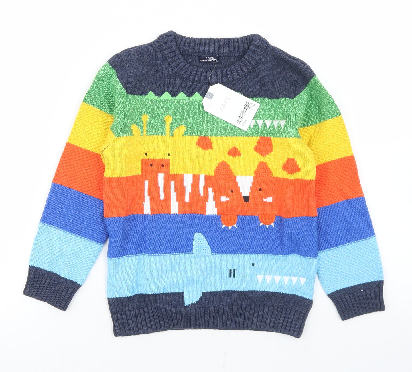 NEXT Boys Multicoloured Crew Neck Striped Cotton Pullover Jumper Size 3-4 Years   - Animals