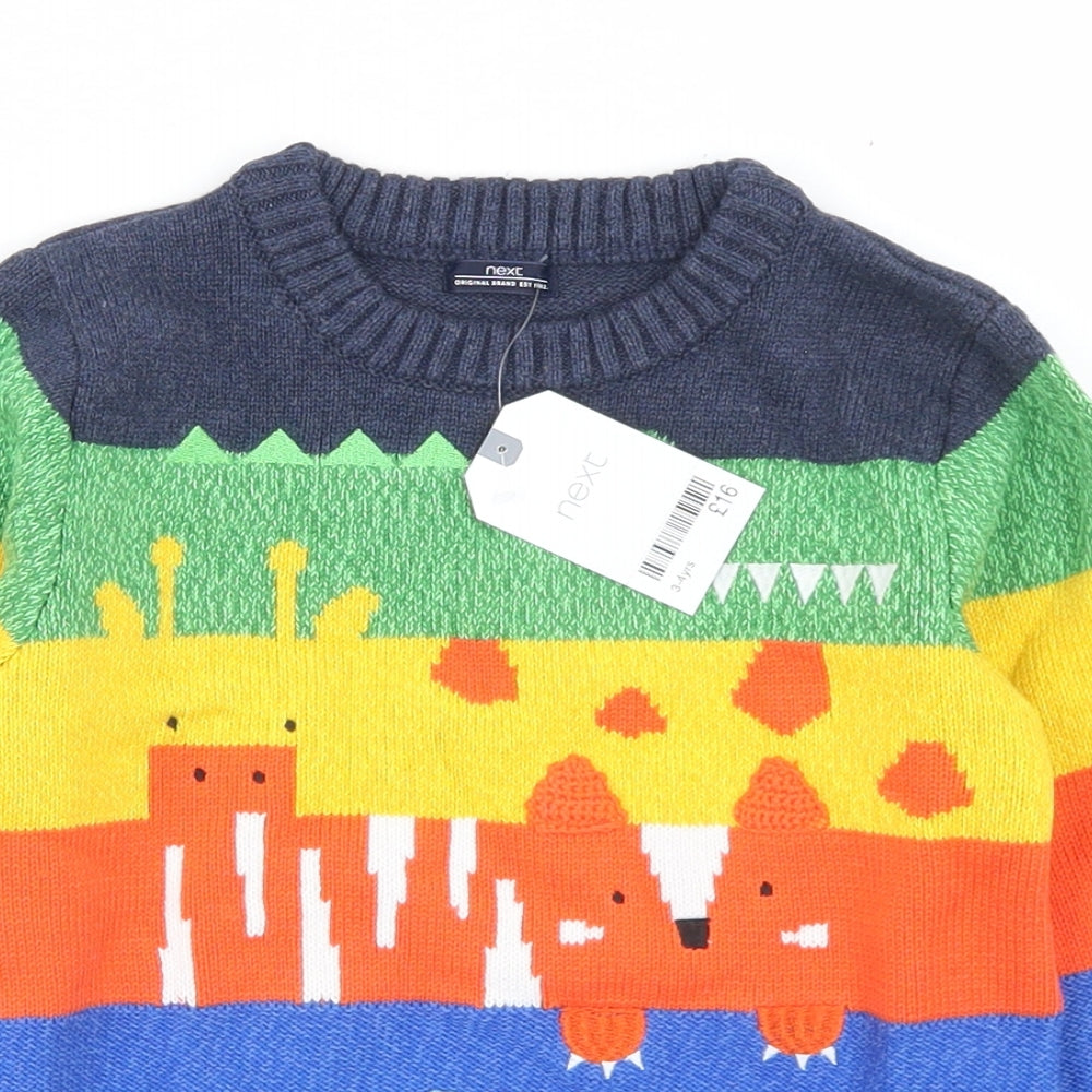 NEXT Boys Multicoloured Crew Neck Striped Cotton Pullover Jumper Size 3-4 Years   - Animals