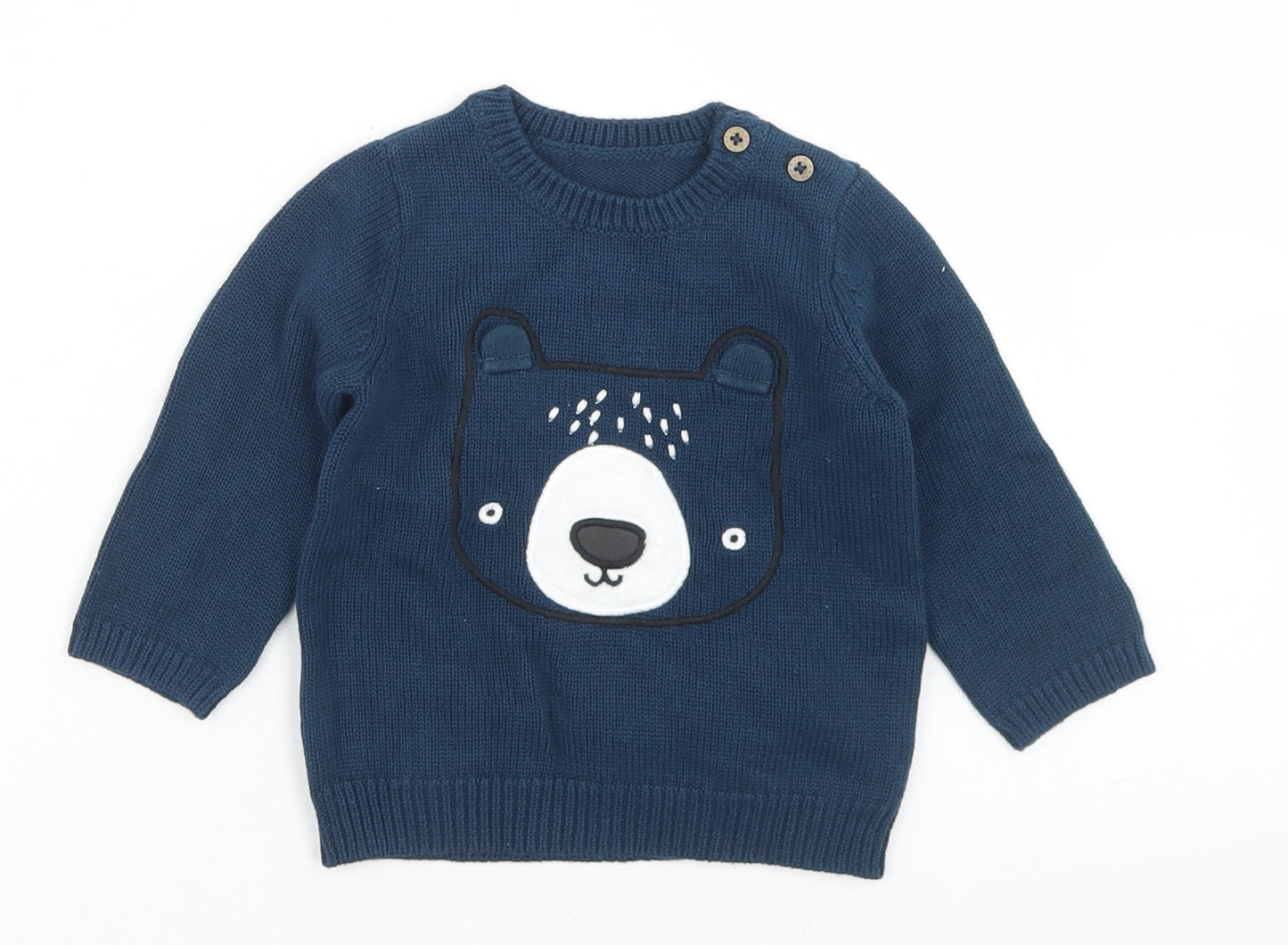 Preworn Boys Blue  Acrylic Pullover Jumper Size 3-6 Months  Button - Bear