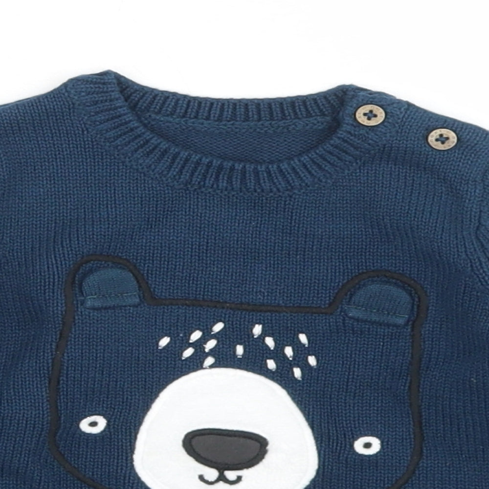 Preworn Boys Blue  Acrylic Pullover Jumper Size 3-6 Months  Button - Bear