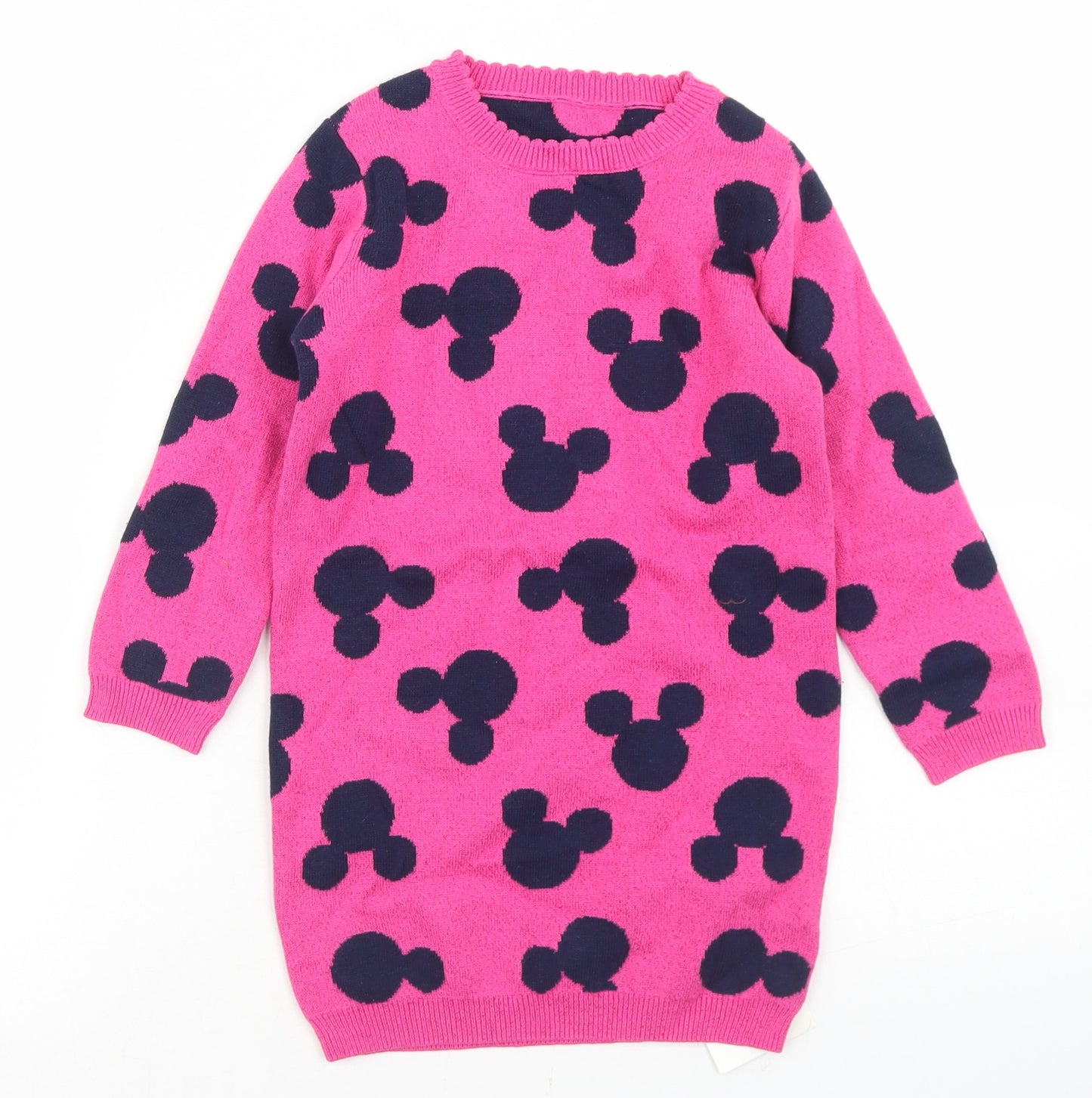 George Girls Pink Polka Dot Cotton Jumper Dress  Size 3-4 Years  Crew Neck  - Mickey Mouse