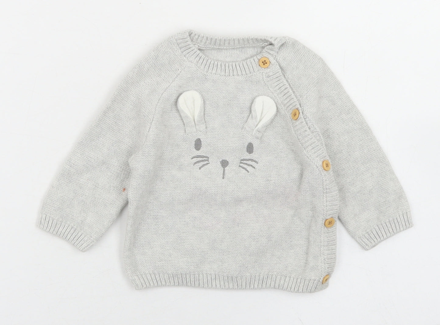 George Girls Grey  Cotton Pullover Jumper Size 0-3 Months  Button - Mouse