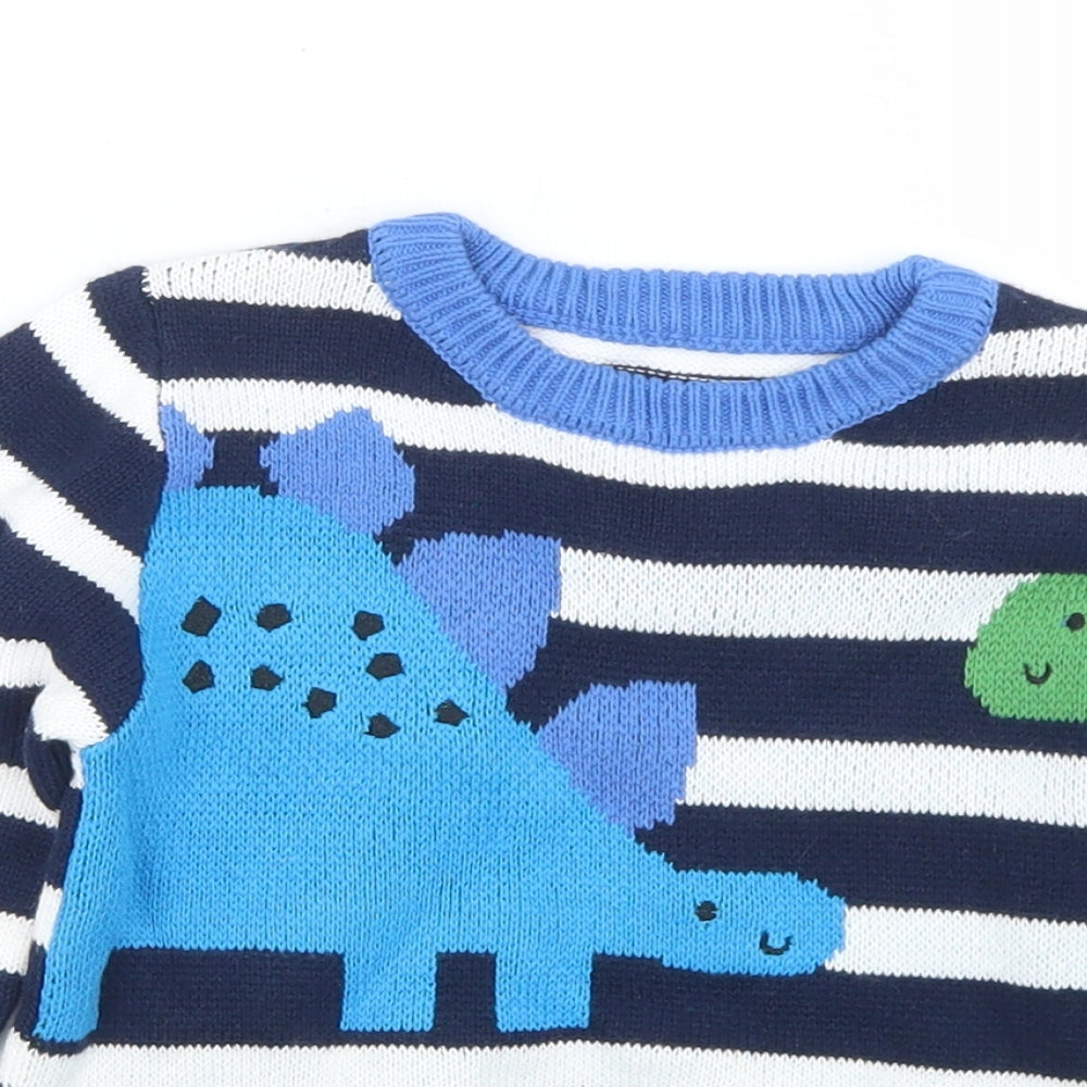 Dunnes Stores Boys Blue Striped Cotton Pullover Jumper Size 18-24 Months   - Dinosaurs