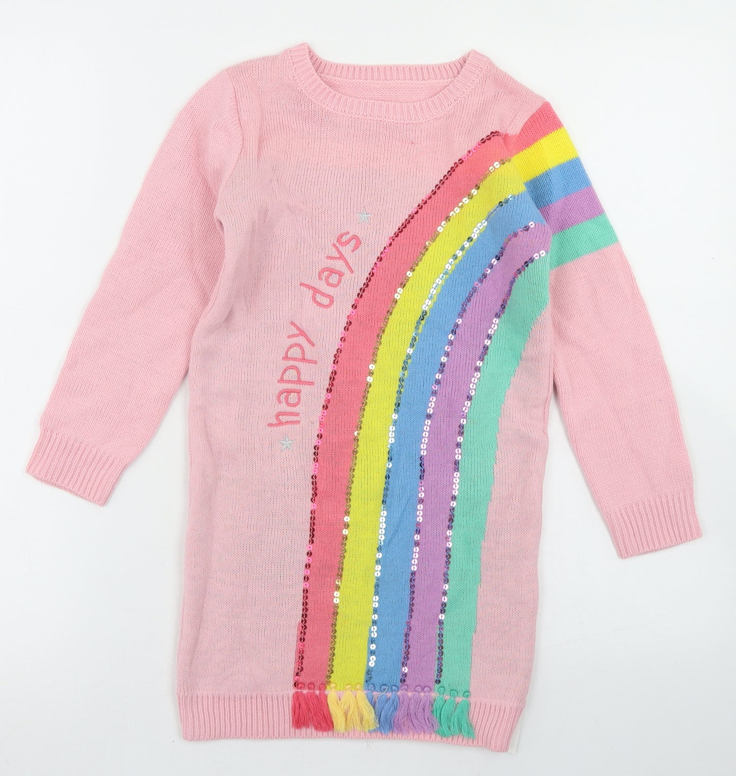George Girls Pink  Acrylic Jumper Dress  Size 5-6 Years  Crew Neck  - rainbow