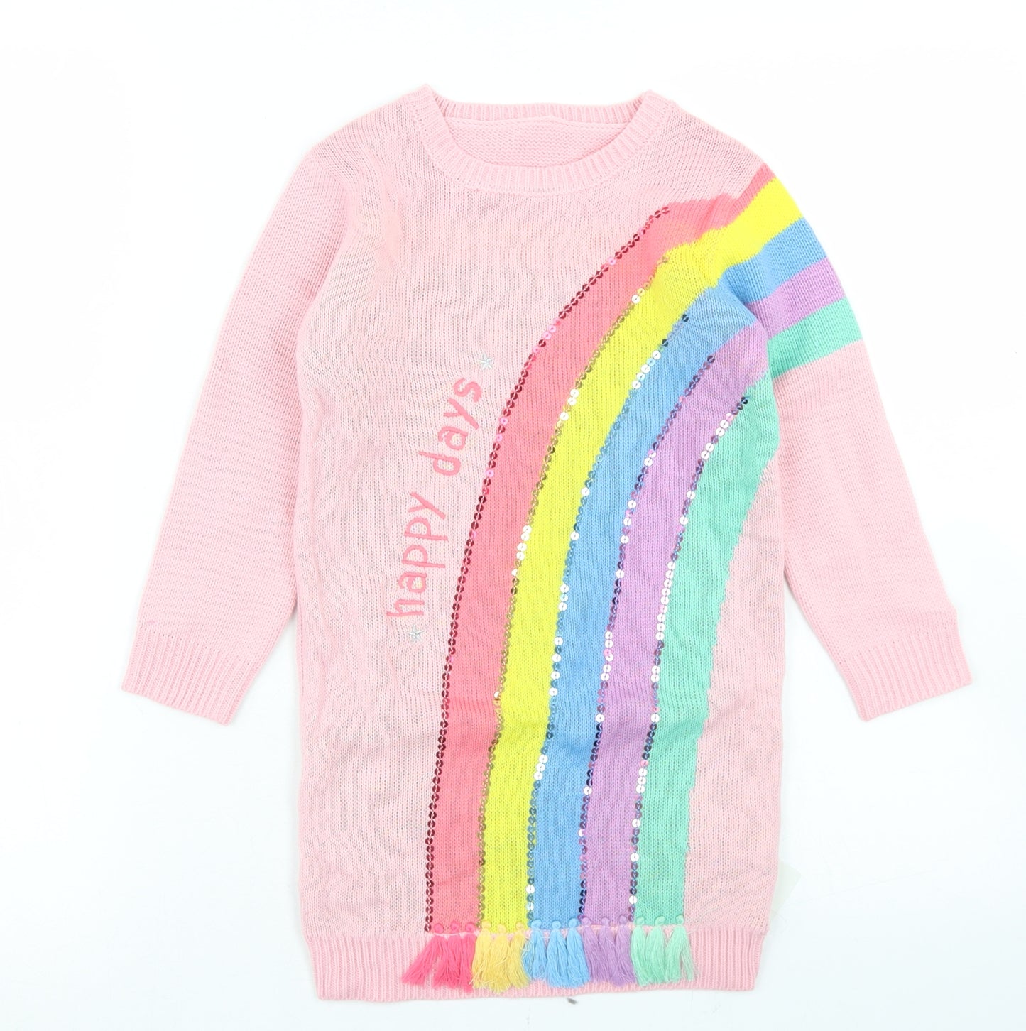 George Girls Pink  Acrylic Jumper Dress  Size 3-4 Years  Crew Neck  - Rainbow Print