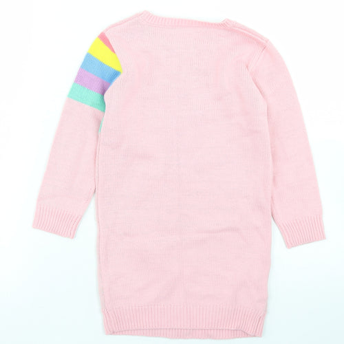 George Girls Pink  Acrylic Jumper Dress  Size 3-4 Years  Crew Neck  - Rainbow Print