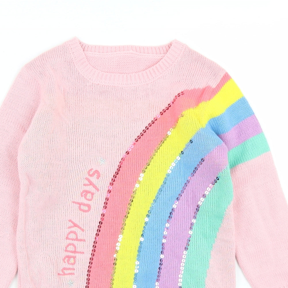 George Girls Pink  Acrylic Jumper Dress  Size 3-4 Years  Crew Neck  - Rainbow Print