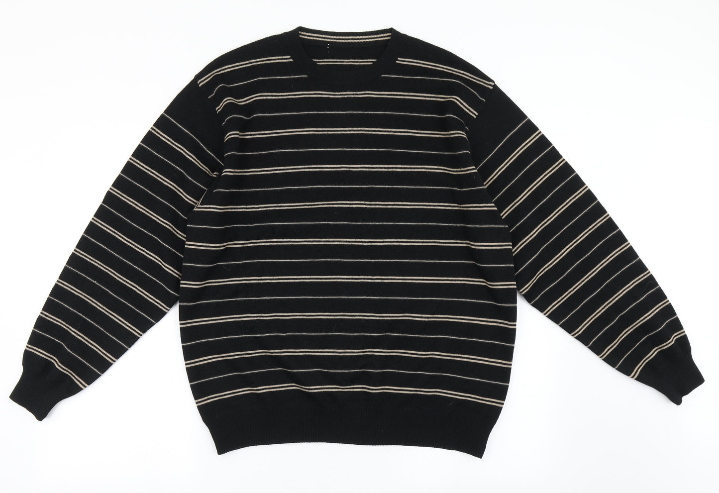 Marks and Spencer Mens Black Round Neck Striped Wool Pullover Jumper Size M