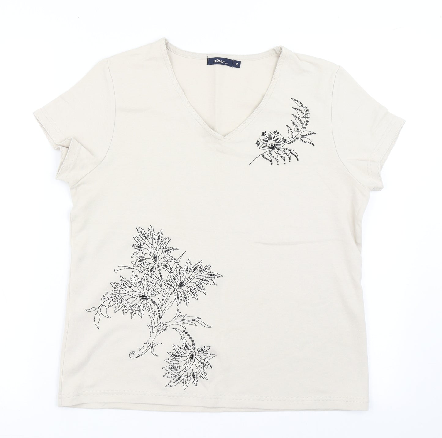 DASH Womens Beige  Cotton Basic T-Shirt Size 12 V-Neck