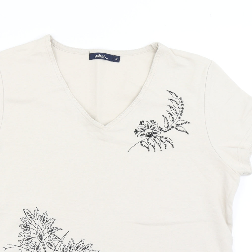 DASH Womens Beige  Cotton Basic T-Shirt Size 12 V-Neck