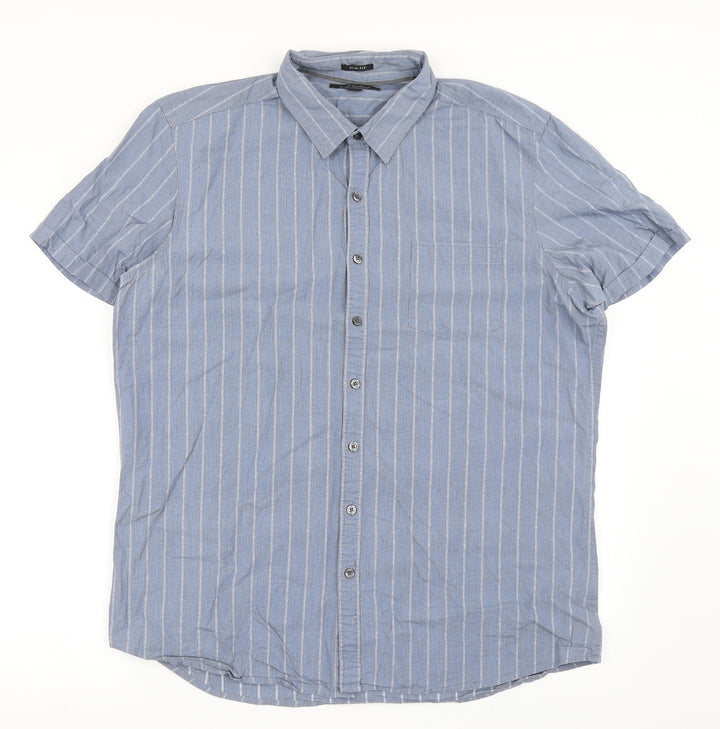 Marc Anthony Mens Blue Striped Cotton  Button-Up Size XL Collared Button