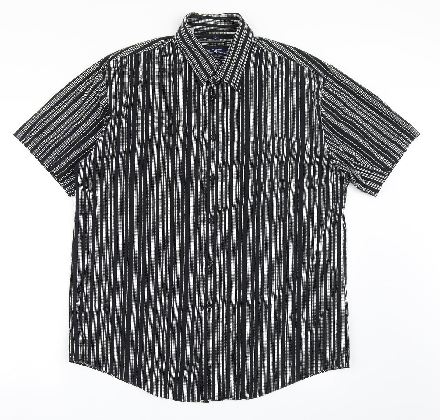 Ben Sherman Mens Black Striped Cotton  Button-Up Size L Collared Button