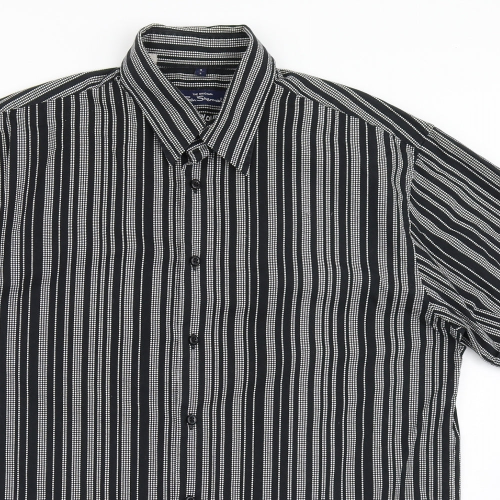 Ben Sherman Mens Black Striped Cotton  Button-Up Size L Collared Button