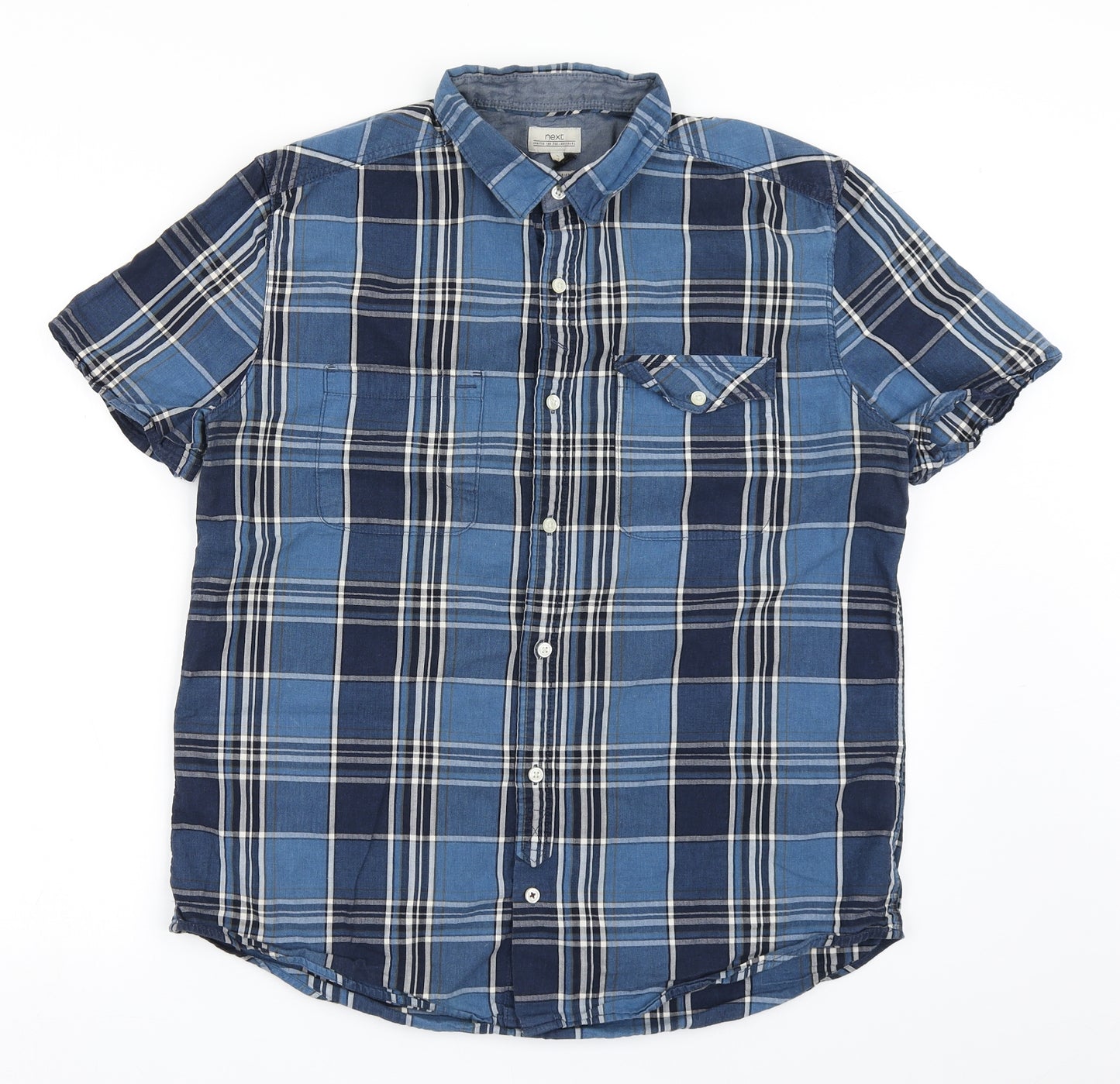 NEXT Mens Blue Check Cotton  Button-Up Size L Collared Button
