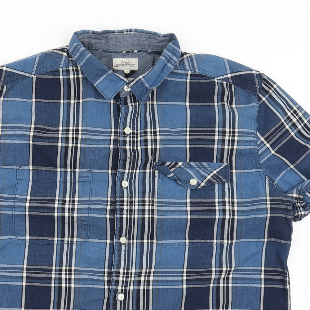 NEXT Mens Blue Check Cotton  Button-Up Size L Collared Button