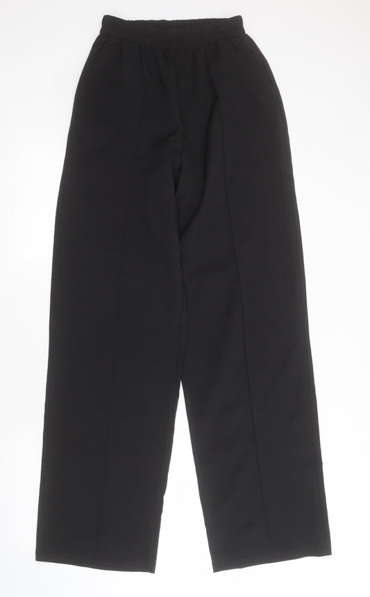 Front view of PRETTYLITTLETHING women’s black polyester trousers, size UK 8, 32-inch leg regular