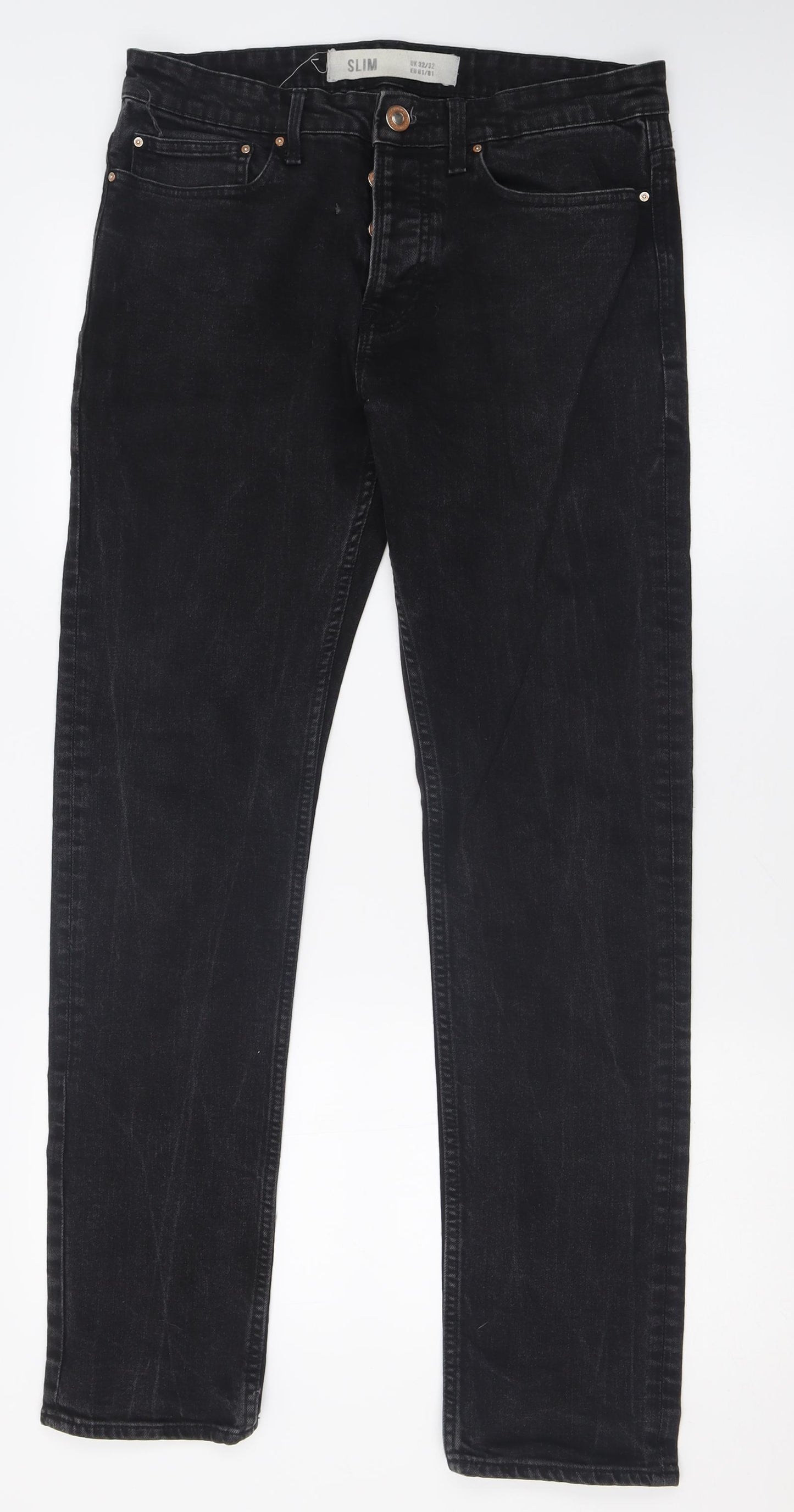 New Look Mens Black  Cotton Straight Jeans Size 32 L32 in Slim Button
