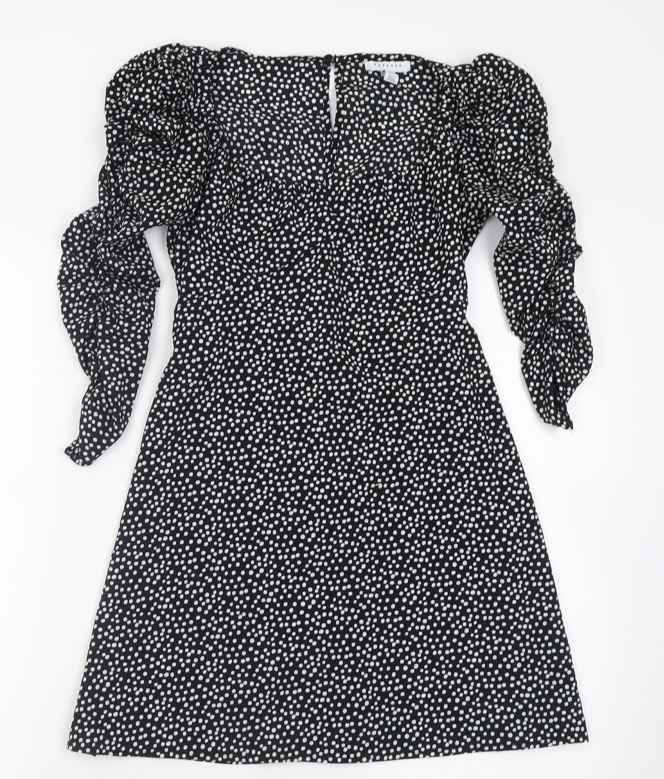 Topshop Womens Black Polka Dot Polyester Fit & Flare  Size 8  Scoop Neck Pullover - ruched arms