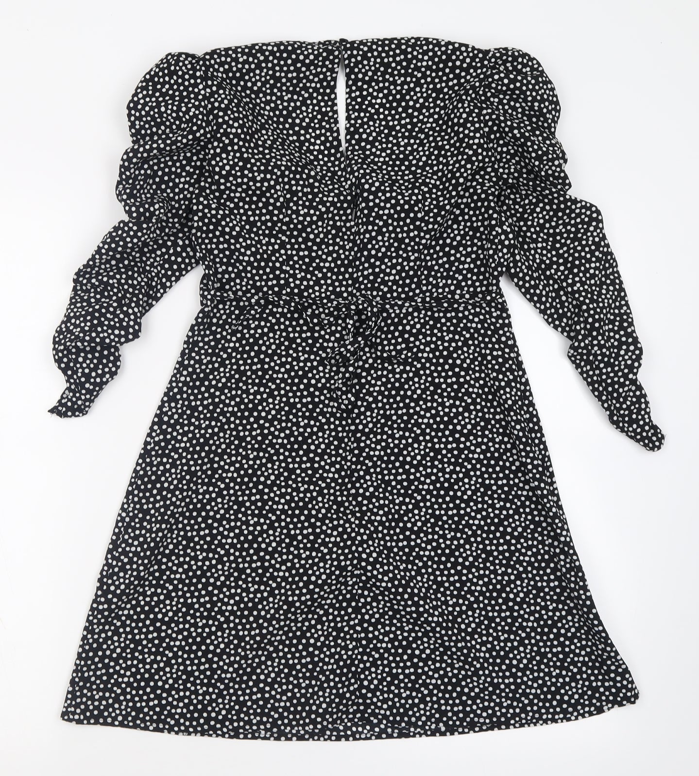 Topshop Womens Black Polka Dot Polyester Fit & Flare  Size 8  Scoop Neck Pullover - ruched arms