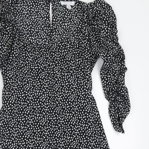 Topshop Womens Black Polka Dot Polyester Fit & Flare  Size 8  Scoop Neck Pullover - ruched arms