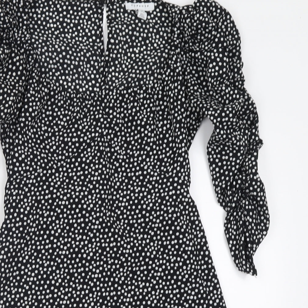 Topshop Womens Black Polka Dot Polyester Fit & Flare  Size 8  Scoop Neck Pullover - ruched arms