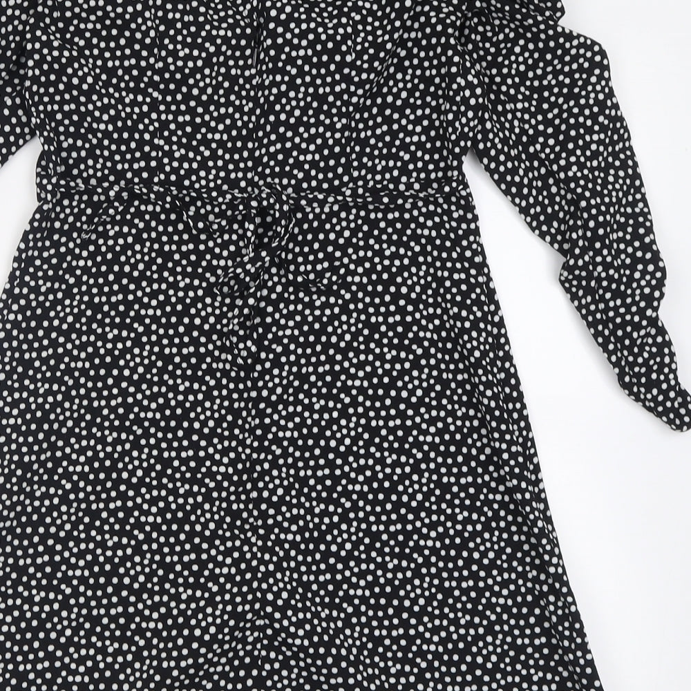 Topshop Womens Black Polka Dot Polyester Fit & Flare  Size 8  Scoop Neck Pullover - ruched arms