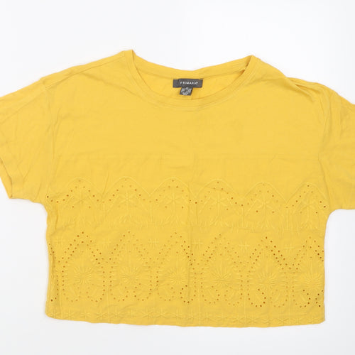 Primark Womens Yellow Floral Cotton Cropped T-Shirt Size XS Crew Neck