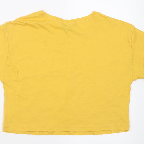 Primark Womens Yellow Floral Cotton Cropped T-Shirt Size XS Crew Neck