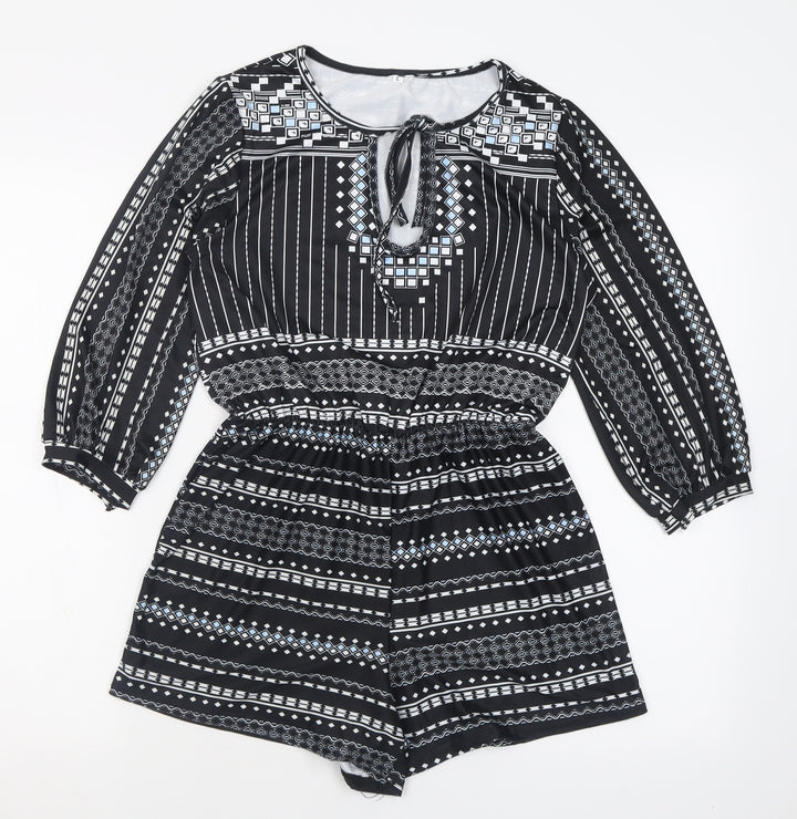 Preworn Womens Black Geometric Polyester Playsuit One-Piece Size L Tie