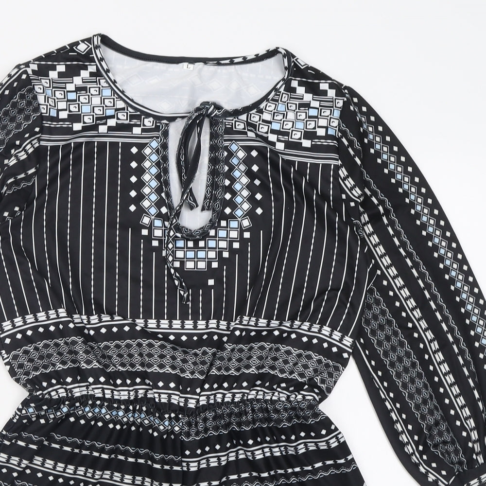 Preworn Womens Black Geometric Polyester Playsuit One-Piece Size L  Tie