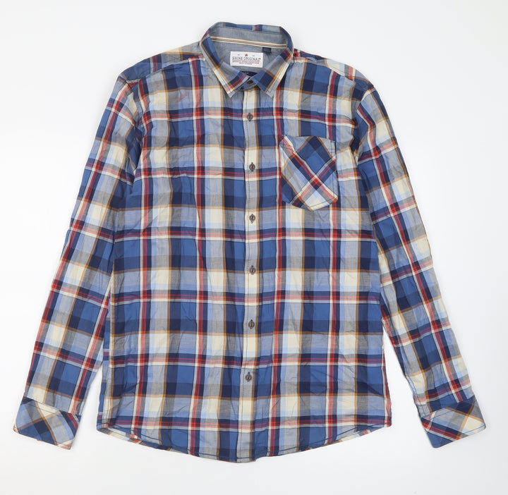 Shine Original Mens Blue Check Cotton Button-Up Size L Collared Button