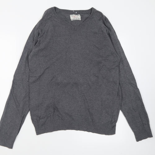 New Look Mens Grey V-Neck  Cotton Pullover Jumper Size L